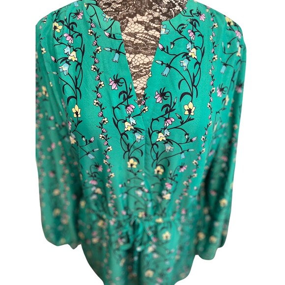 Maison Jules Floral Fit Flare Mini Dress Green Long Blouson Sleeves V-Neck XXL - Picture 16 of 16